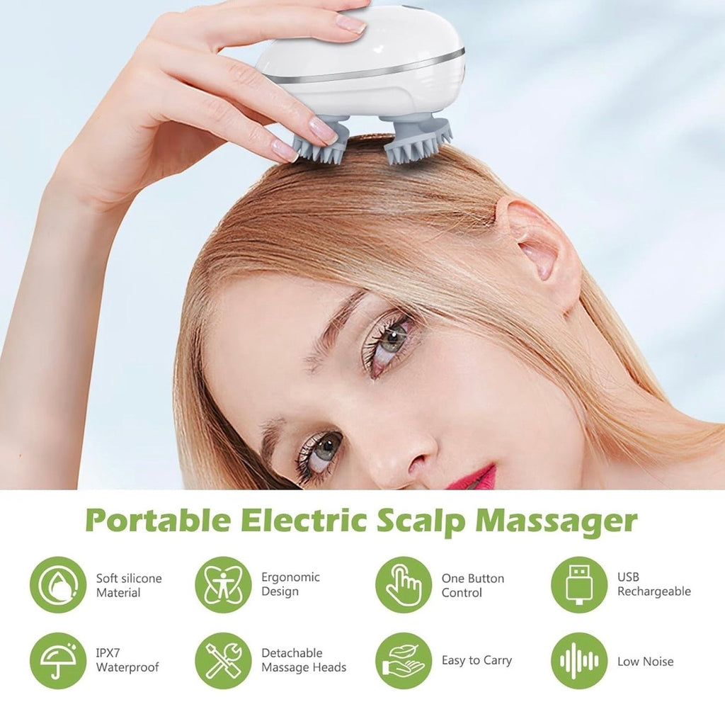 Electric Scalp Massager – Portable USB Rechargeable With 4 Heads